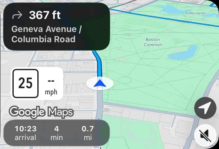EasyKids2Go turn-by-turn guidance on Apple CarPlay: next turn, speed limit, arrival time and distance