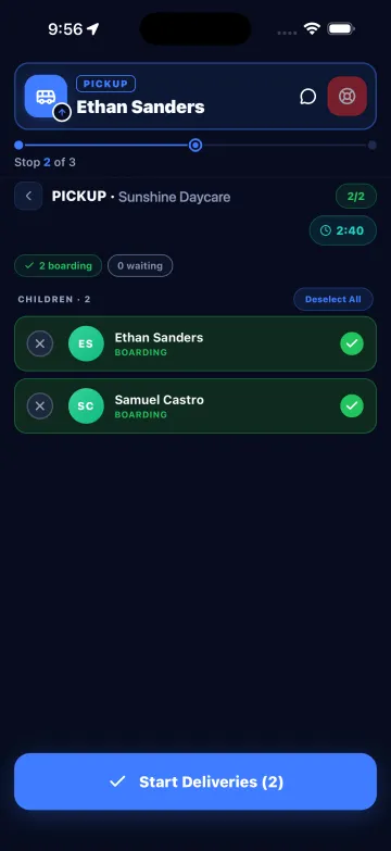 Driver app: boarding checklist with each child marked before the vehicle leaves